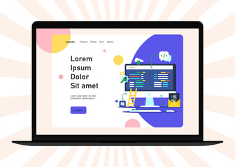 Flat web development concept. Web browser and window on monitor and programs for scripting and programming web applications on html 5 programming language