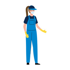 woman worker of cleaning service wearing medical mask, on white background vector illustration design