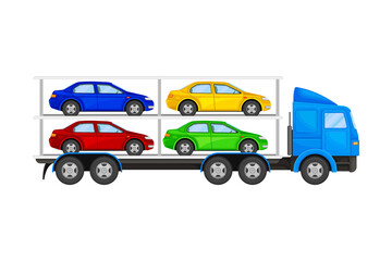 Car Transporter Truck with Autos for Retail Sales Vector Illustration