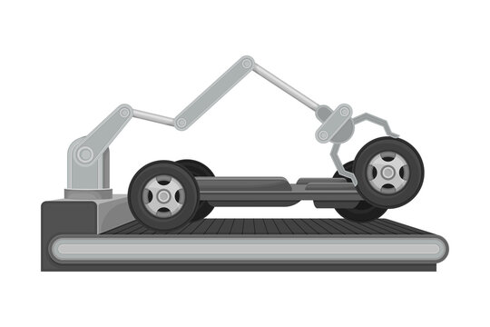 Robotic Arm Assembling Car Body as Auto Production Process Vector Illustration