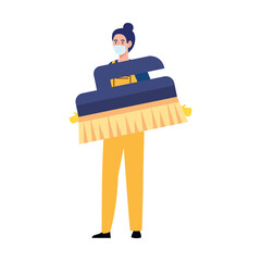 woman worker of cleaning service wearing medical mask, with brush for cleaning, on white background vector illustration design