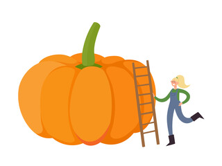 Cartoon vector illustration with tiny woman standing near pumpkin isolated