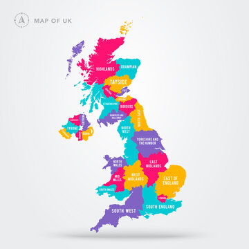 Vector Illustration Colorful Map Of UK United Kingdom With Regions And Names