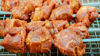 Freshly juicy marinated meat on the grill. Cooking food over an open fire and coals. Picnic in nature. Fresh meat for the barbecue