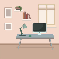 Flat design interior concept of work place with computer, laptop, lamp,to do list, stock Flat style design vector illustration  home interior. Workplace concept.Simply office workspace. Work from home