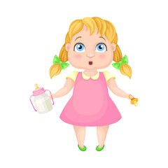 Girl Character with Ponytails Holding Milk Bottle Vector Illustration