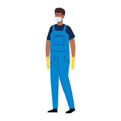man afro worker of cleaning service wearing medical mask, on white background vector illustration design