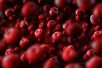 Flying or levitated cherries on a dark background with steam or water particles