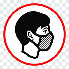 'Please wear a face mask' symbol; human face with mask in a red circle. Warning, attention or caution vector sign, instruction icon on transparent background, EPS8.