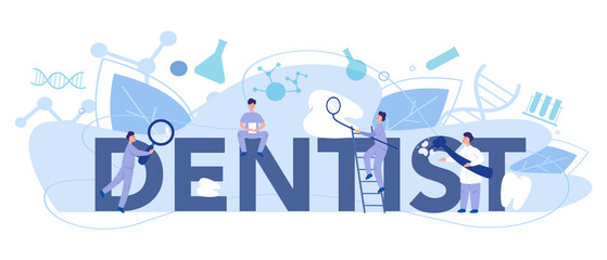 Dentist profession typographic header. Dentists in uniform treat tooth