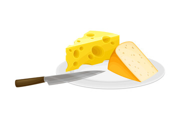 Cheese Slabs Rested on Plate as Dairy Product Vector Illustration