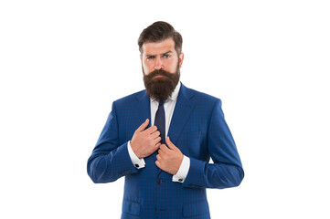 Wardrobe that suits your personal style. Stylish boss isolated on white. Bearded man in formal...