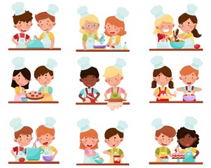 Cute Girl and Boy Chef Characters Wearing Apron and Hat Baking and Making Salad Vector Illustration Set
