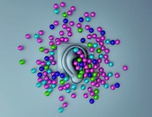 Multicolored orbeez balls scattered on a ASMR microphone. Autonomous Sensory Meridian Response. Relaxing sound concept. 3d illustration