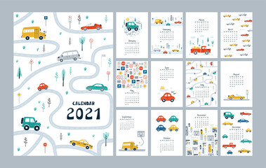 Cute calendar 2021 with cars, city, road map. Planner template for a children's room. Vector illustration © Irina Gubanova