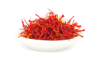 Dry Saffron Spice on a Plate Isolated on White Background.