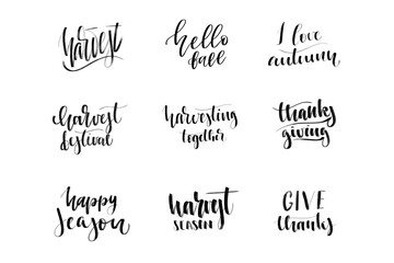 Vector set of isolated handwritten calligraphy logo of Harvest for decoration and covering on the white background. Concept of happy harvest season and festival.
