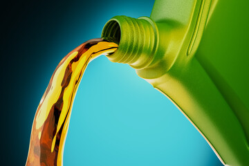 3d rendering of pouring engine oil lubricant from the green bottle on dark blue background.