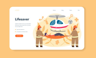 Rescuer web banner or landing page. Firefighter or 911 service