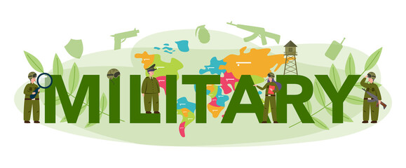 Military typographic header. Millitary force employee in camouflage