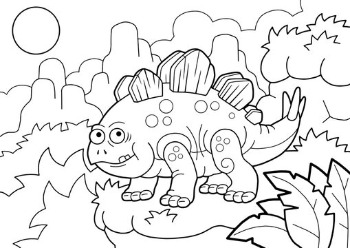 cartoon prehistoric stegosaurus dinosaur, coloring book, funny illustration