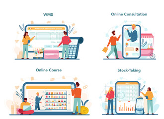 Seller online service or platform set. Professional worker in the supermarket