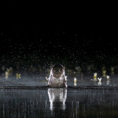 European otter (Lutra lutra) photographed on a misty night with reflection in the pool