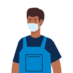 man afro worker of cleaning service wearing medical mask, vector illustration design