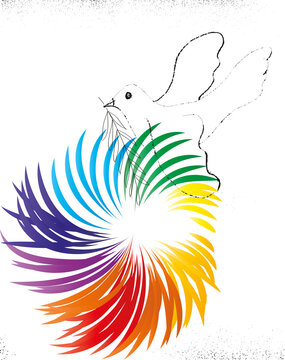 Friedenstaube mit Olivenzweig und Wirbel aus Regenbogenfarben als Symbol der Hoffnung auf bessere Zeiten, eine tolerante Zukunft gestalten
