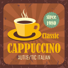 cup of coffee with coffee beans for coffee shop vintage poster. vector illustration