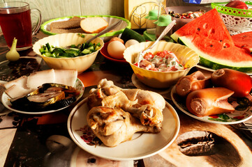 Products of the feeding in plate on table
