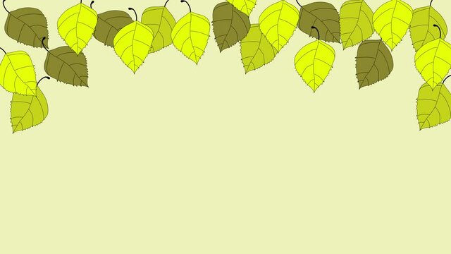 Green birch tree leaves frame on light yellow background. Hand drawn. Copy space.