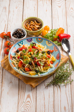 cold salad pasta witn mushroom tomatoes capsicum and black olives