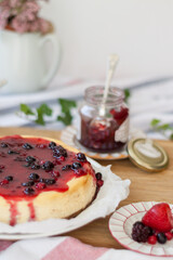 Classic Newyork cheesecake with strawberry covered. Top cheese cake. Top view.