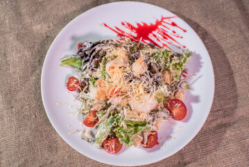 Delicious and healthy Caesar salad with shrimp