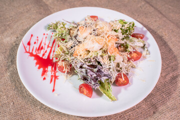 Delicious and healthy Caesar salad with shrimp