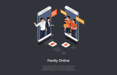 Concept Of Family Video Conference. Happy Families Call To Each Other With Smartphone By Video Call. Characters Communicating And Have A Good Time Online Together. Isometric 3D Vector Illustration
