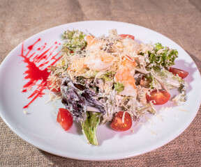 Delicious and healthy Caesar salad with shrimp