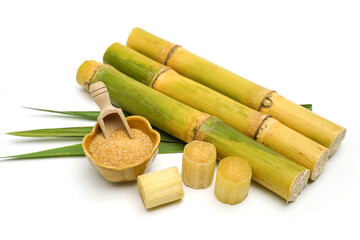 sugar cane and brown sugar on white isolate background