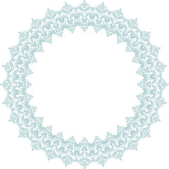 Oriental vector round frame with arabesques and floral elements. Round light blue floral border with vintage pattern. Greeting card with place for text