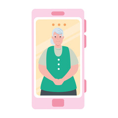 smartphone video call, old woman in conference video call online vector illustration design