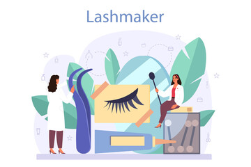 Lashmaker concept. Beauty center procedur. Female character puting