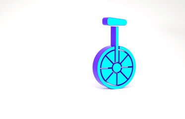 Turquoise Unicycle or one wheel bicycle icon isolated on white background. Monowheel bicycle. Minimalism concept. 3d illustration 3D render. © Oksana