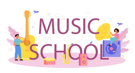 Music school course typographic header. Young performer playing