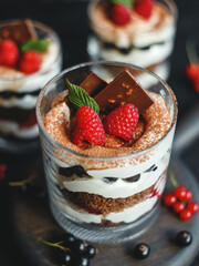Sweet small homemade trifle dessert with raspberries, black currants, and cream cheese.