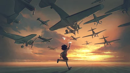 Abwaschbare Fototapete Großer Misserfolg Der Junge spielt Papierflugzeuge und betrachtet Flugzeuge, die in den Sonnenuntergangshimmel fliegen, digitaler Kunststil, Illustrationsmalerei
