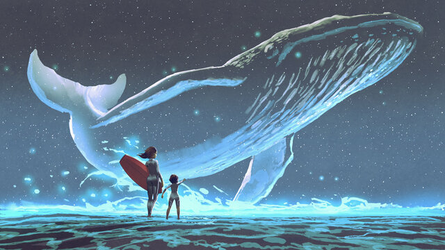 mother and daughter looking at the whale with blue light flying in the night sky, digital art style, illustration painting