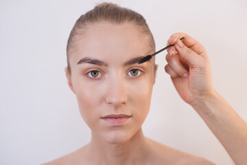 Fototapeta premium Eyebrow shaping and lamination by a professional artist in the salon. The make-up artist pulls out hairs, combs and styles with a special brush for eyebrows eyelashes. Clean face care, natural beauty