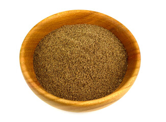 Ground Linseed Isolated on White Background. High Fiber Food Supplement.