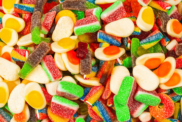 Assorted gummy candies. Top view. Jelly  sweets.